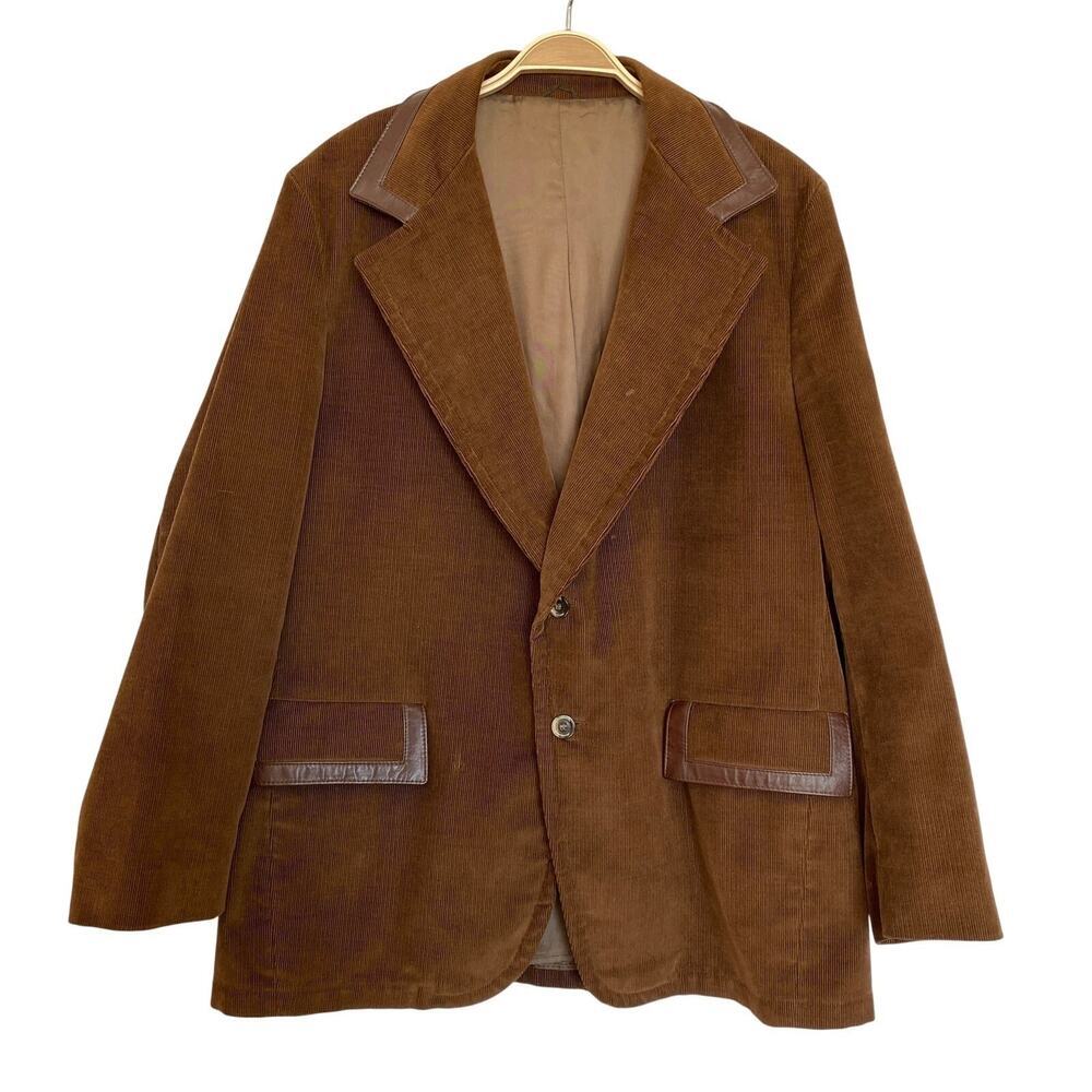 VTG 70s Peak Lapel Corduroy Blazer Jacket Sport Coat Men 46 Brown Leather Trim